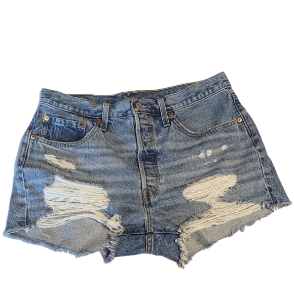 Levis 501 Distressed Shorts Jeans Jorts Cut-Offs Button Fly High Rise Denim Fray - Picture 2 of 7